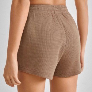 Shorts de Cintura Alta de Lona Tejida con Detalle de Botones, Color Sólido, Transpirables, Cintura Elástica, Casuales para Mujer - Product Image 1