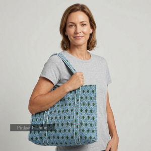 กระเป๋าผ้าฝ้ายพิมพ์ลายบล็อกด้วยมือ ทรงโท้ทขนาดใหญ่ สะพายไหล่ได้  กระเป๋าถือสำหรับผู้หญิง เป็นมิตรกับสิ่งแวดล้อม ใช้ได้ทั้งไปทะเลและใส่ของชำ - Product Image 6