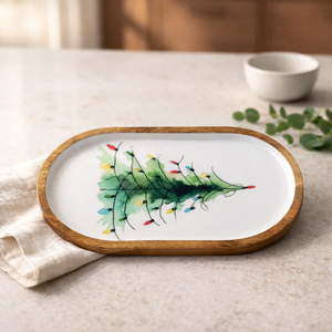 Bandeja ovalada de madera de mango esmaltada con estampado de árbol de Navidad grande, hecha a mano, para servir bocadillos, frutos secos, para uso en el hogar, cocina o restaurante. - Product Image 4