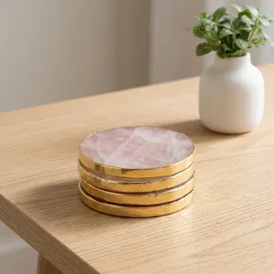 Premium Rose Quartz Round <b>Coaster</b> <b>Set</b> Natural Crystal Slice Design Gold Finish Luxury Home Decor Coffee Table and Drink Use - Product Image 5