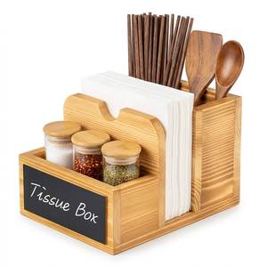 Raw Wooden Spice Organizer Storage <b>Holder</b> With Tissue Box And <b>Utensil</b> Rack For <b>Kitchen</b> Multifunctional Standing Type Storage - Product Image 1