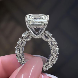 Emerald & Round Cut Moissanite Diamond Halo Engagement <b>Ring</b> <b>Iced</b> Out Style Hidden Halo Solitaire Wide Band Cocktail Wedding <b>Ring</b> - Product Image 2