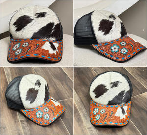 Venta al por mayor de fábrica, sombrero de cuero de vaca mecanizado a mano de alta calidad, Snapback, 5 paneles, sombrero para corredores, gorra grande de malla de espuma negra a la moda - Product Image 3