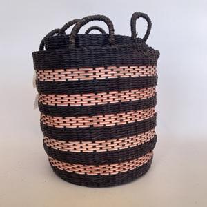 Set of 3 Round Woven Seagrass <b>Baskets</b> with Handles Combined with Pink <b>Plastic</b> Cord Bohemian Design Eco-Friendly Clothing Storage - Product Image 1
