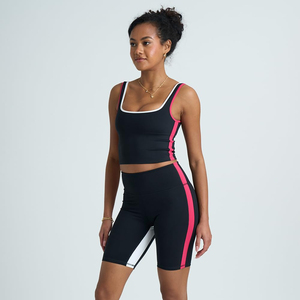 Women's Two-Piece Fitness Yoga Set Elastic Waist Front Logo Wholesale Sports Bra and Solid Pattern Yoga Shorts Gym Sportswear - Product Image 1