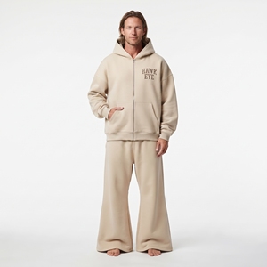 Conjunto de dos piezas de chándal de algodón con forro polar para hombre, con sudadera con capucha de corte oversize y hombros caídos, y joggers de pierna ancha de ajuste holgado. - Product Image 4