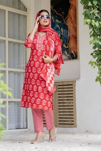 Women's <b>Red</b> Printed Cotton Kurta With Matching Pants V-Neck Casual Top Spring Summer Wear - Product Image 1