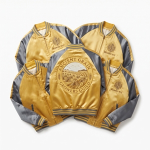 Wholesale Supplier Satin Souvenir Jacket Golden Yellow Slate Grey Ancient Grain Rye Embroidery Baseball Bomber <b>Coat</b> - Product Image 1