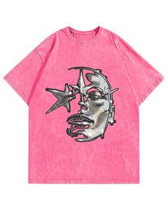 Camiseta rosa oversize de manga corta con estampado metálico y de estrellas, diseño streetwear, cuello redondo, jersey de algodón, camiseta para hombre - Product Image 1