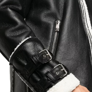 Custom <b>Men's</b> Black Faux <b>Leather</b> Shearling <b>Jacket</b> Winter Bomber Coat OEM Wholesale Manufacturer - Product Image 4
