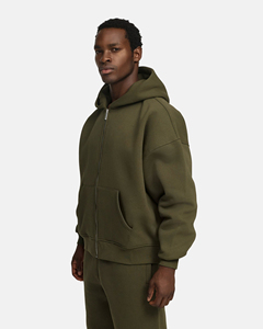 Sudadera con capucha para hombre, verde oliva, con cremallera, corte regular, de algodón polar, estilo casual urbano, para invierno, con tratamiento antiencogimiento. - Product Image 3