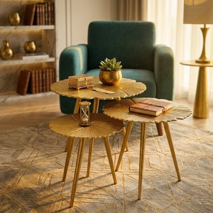Juego de Mesas de Centro Apilables con Diseño de Hojas Doradas, Estilo Moderno de Mediados de Siglo, Muebles para Sala de Estar con Estructura Metálica, Mesas Redondas - Product Image 4