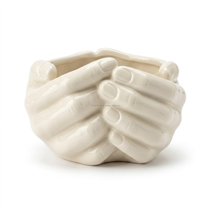 co Style Ceramic Hand Shape Flower Pot with Wooden Base Decorative Indoor Succulent <b>Vase</b> - Product Image 1