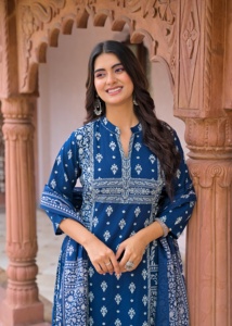 Twinfeet Women's Premium Pure Cotton Quick Dry Traditional A-Line Anarkali Kurti & Palazzo with Dupatta Suit Set (Knee-Length) - Product Image 2