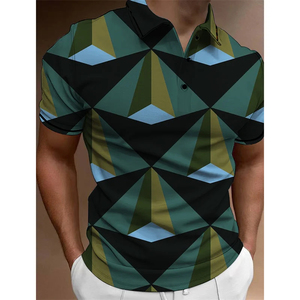 Polo con estampado 3D divertido de geometría para hombre, camiseta con patrón de bloques a rayas, camisa de verano informal con cuello de solapa, de alta calidad premium. - Product Image 3