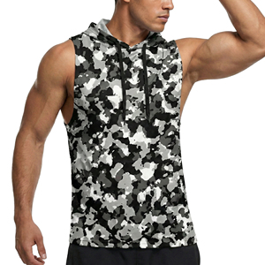 Custom Tank <b>Tops</b> Own Logo Men's Camouflage Printed Sleeveless Hoodie Workout Bodybuilding Drawstring Kangaroo Pocket Tank <b>Tops</b> - Product Image 5