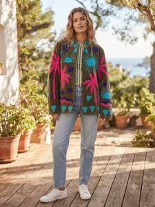 Blouson Bomber en Velours Brodé Fait Main pour Femme, Motif Palmier et Soleil Floral, Écologique, Style Bohème, Vêtement d'Extérieur Hiver Automne - Product Image 6