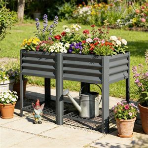 Fioriera Rialzata Grigio Scuro e Scaffale Porta Piante per Esterni - Soluzione Elegante per Giardino e Stoccaggio - Product Image 1