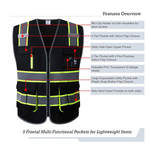 Gilet de sécurité réfléchissant haute visibilité en polyester noir, vêtements de travail avec plusieurs poches, gilet unisexe - Product Image 4