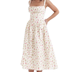 Robe midi vintage florale d'été pour femmes, sans manches, col carré, volants, robe maxi style bohème, robe florale pour femmes - Product Image 3