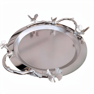 Avec Poignées Latérales Métal Aluminium Brillant Poli Plateau Forme Ronde Design pour Maison Hôtel Restaurant Papillon Design Plateau - Product Image 1