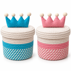 Panier de rangement en corde de coton avec couvercle et motif couronne, rose et crème, tissé, décoratif, pour chambre d'enfant et rangement domestique - Product Image 5