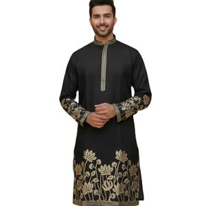 Conjunto de Kurta y Pijama Formal de Seda con Bordado en Dorado, de Secado Rápido y Corte Regular, para Bodas y Fiestas Masculinas - Product Image 1