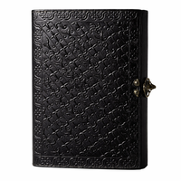 Carnet de notes vintage en cuir noir fait main avec motif loup en relief, accent pierre bleue, couverture rigide, bord festonné, idéal comme cadeau