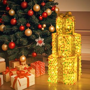 Ensemble de 3 boîtes cadeaux de Noël pré-éclairées avec 90 lumières LED et nœuds, lumières scintillantes à piles pour la décoration extérieure de la maison - Product Image 5