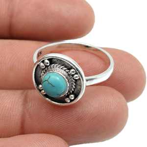 Bijoux de haute qualité en argent sterling 925 oxydé, avec pierre précieuse turquoise de forme ronde, bague au design exotique pour femmes - Product Image 4