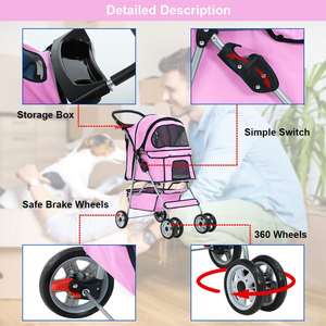 TH-PPS-477 Luxury <b>Four</b> <b>Wheel</b> Pet Stroller with Shock Absorbing <b>Wheels</b> Removable Cushion and Cup Holder - Product Image 3