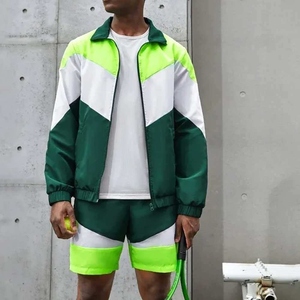 Men's Color Blocking Sporty Windbreaker Jacket And <b>Shorts</b> Set Stand Collar Breathable <b>Polyester</b> Summer Outerwear - Product Image 5