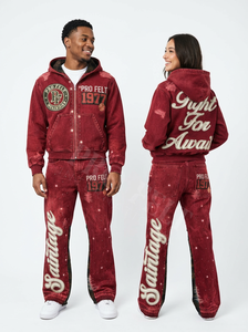 Pro Felt Custom Clothing Manufacturer Stylish <b>Red</b> Vintage Tracksuit for Unisex Custom Distressed Hoodie & Denim Pants Denim <b>Suit</b> - Product Image 3