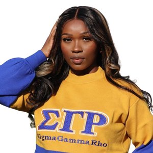 เสื้อสเวตเตอร์ Sigma Gamma Rho สีน้ำเงินทอง ลายบล็อกสี สำหรับผู้หญิง คอวี ถักนิตติ้ง สไตล์ลำลอง อบอุ่น สไตล์สมาคมนักศึกษากรีก - Product Image 5