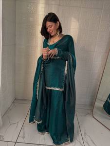 Ensemble Salwar Kameez en soie turquoise avec broderie miroir et dupatta, tenue traditionnelle indienne et pakistanaise pour femmes, idéal pour mariage, remise de diplôme, soirée, taille XL - Product Image 2