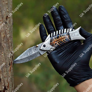 Couteau utilitaire pliant de camping en acier Damas à pointe tombante gravé à la main, haute qualité, 7,5 pouces, qualité OEM DIY, faibles MOQ - Product Image 4