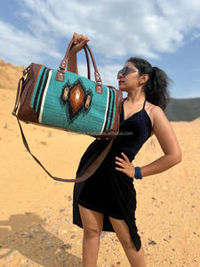 New Real Handmade Vintage Navajo Western Style Aztec <b>Leather</b> Duffel Bag Personalized Indian Handwoven Wool <b>Leather</b> Overnight Bag - Product Image 2