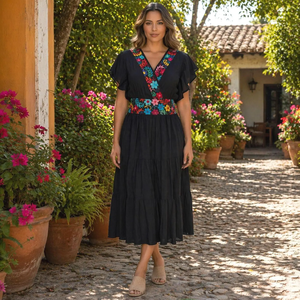 Elegante Vestido Midi con Capas, Bordado Floral Vibrante Hecho a Mano y Mangas con Volantes, Vestido de Algodón con Cuello en V y Corte en A para Mujer - Product Image 3