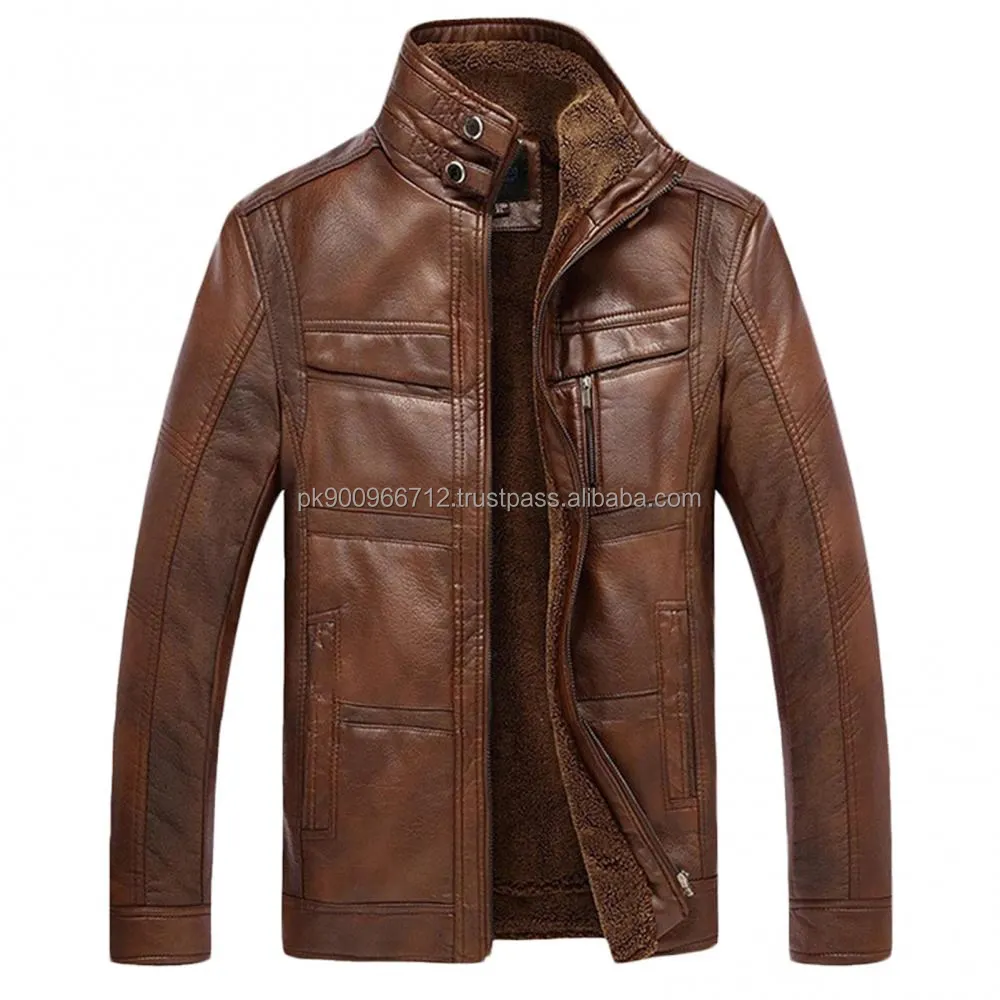 New men's jacket zipper warm daily office short jackets long sleeved stand-up collar faux leather fleece lining men jacket
