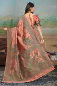 Sari tradicional de seda estampado en verde y melocotón con borde bordado para mujer, ropa de boda, India, Pakistán - Product Image 3