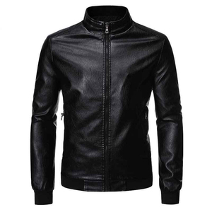 <b>Men's</b> Genuine <b>Leather</b> Slim Eco-Friendly Cotton Filled Moto Biker <b>Jacket</b> Mandarin Collar Waterproof Zipper Closure Winter - Product Image 1