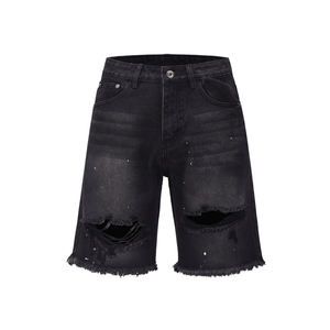 Men's Ripped <b>Denim</b> Bermuda Shorts Mid Waist Button Fly Casual Solid Color Cotton Fabric Breathable Woven <b>Material</b> - Product Image 2