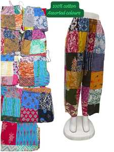 Bohemian Patchwork <b>Harem</b> <b>Pants</b> 100% Cotton Elastic Waist Full Length Loose Fit <b>Women's</b> Summer Trousers Assorted Colors - Product Image 1
