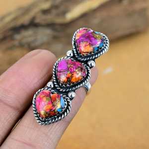 Anillo de Corazón de Plata de Ley 925 Hecho a Mano al por Mayor con Tres Piedras de Cobre Rosa y Turquesa, Joyería de Gema Opaca de Alta Calidad - Product Image 2
