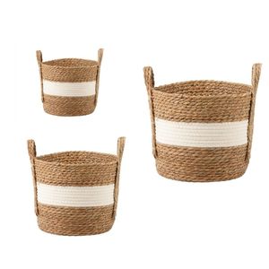 Cotton Seagrass <b>Basket</b> Handmade Woven Storage <b>Basket</b> Natural Grass <b>Basket</b> with Cotton Handles for Home Decor <b>Laundry</b> - Product Image 4