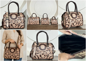 Bolsos de Lona Florales Hechos a Mano, Modernos y de Tamaño Mediano, Nuevos Bolsos de Viaje de Cuero Vacuno Genuino de Lujo, Unisex, para Gimnasio, Viajes Cortos y Fin de Semana - Product Image 3