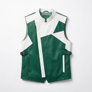 <b>Men's</b> Green <b>White</b> Genuine Leather Biker <b>Vest</b> Stand Collar Color Block Spliced Waistcoat - Product Image 1