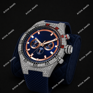Reloj cronógrafo de lujo para hombre con diamantes en oro rosa y azul, bisel plateado, correa de caucho, reloj de moda, regalo - Product Image 3