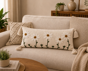 Handmade Eco-Friendly Cotton Daisy Floral Embroidery Lumbar Pillow Tufted Decorative <b>Cushion</b> <b>Tassels</b> Removable Washable - Product Image 6