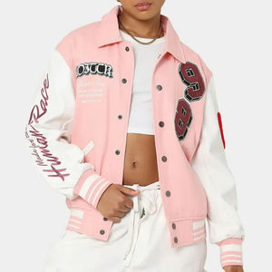 Veste universitaire rose et blanche avec patch en chenille, lettrage brodé 89, style épaules tombantes, col rabattu, toile de coton, unisexe - Product Image 1